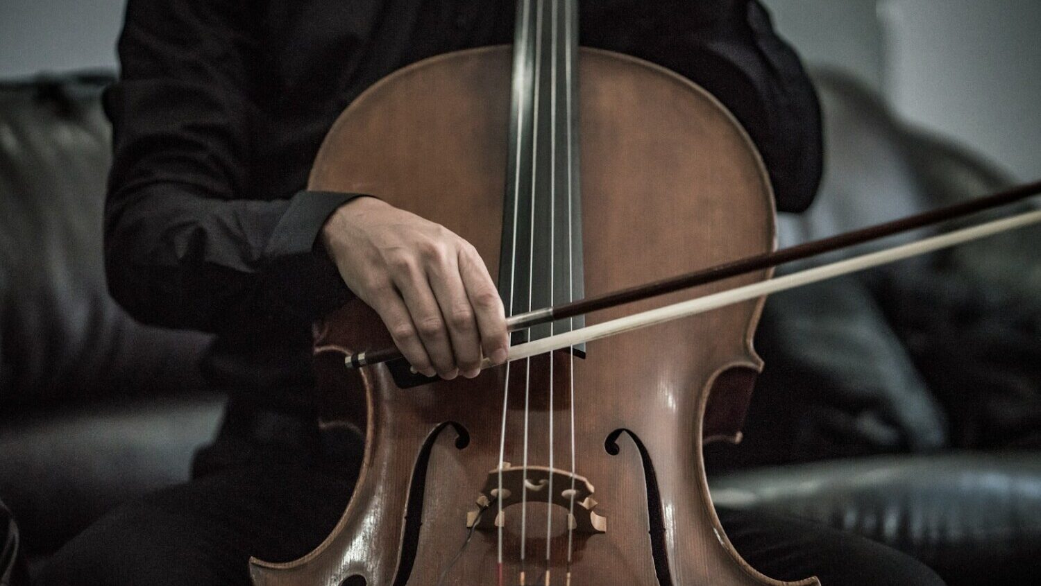 person wearing black dress shirt playing brown cello string instrument